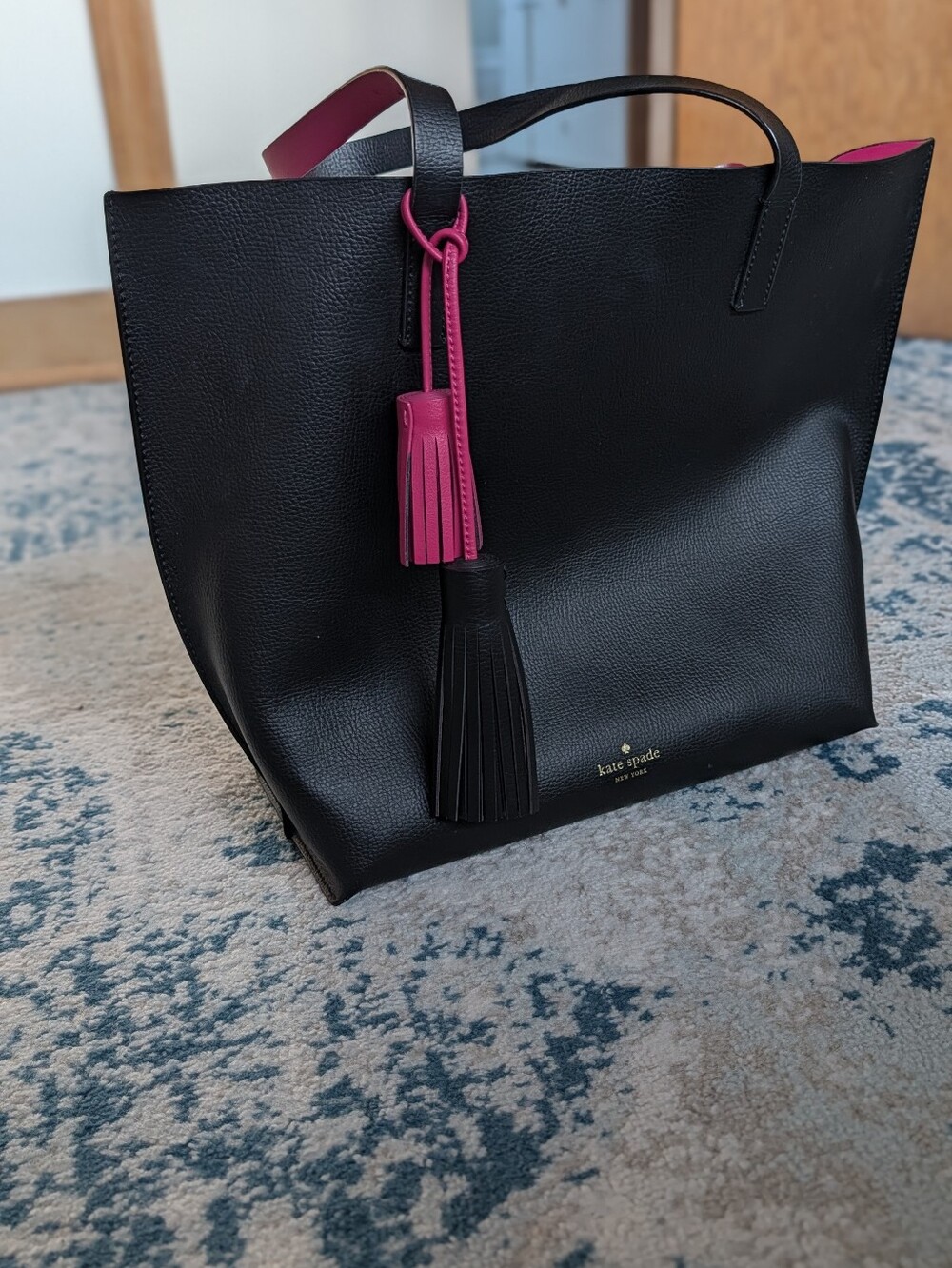 Kate Spade Large Black Tote with Pink Trim and Tassel Accent